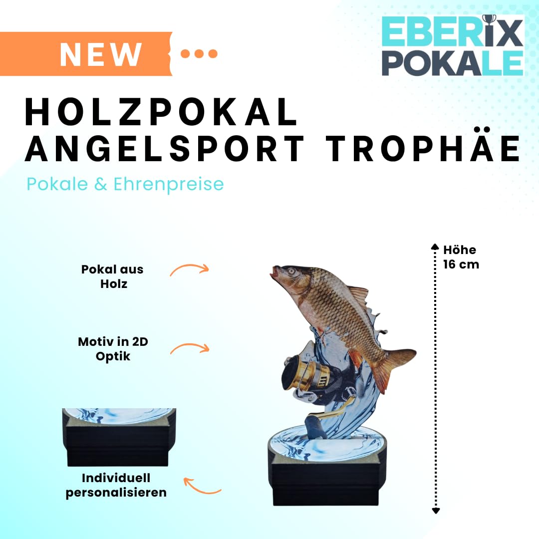 Fischpokal aus Holz mit Gravur - 16 cm Angeltrophäe & Angelsport Award