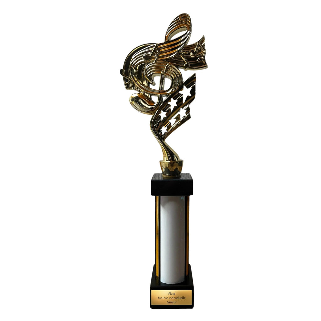 eberix · Musik Notenschlüssel Pokal · mit Wunschgravur · Trophäe mit weißer Glanzsäule · Pokal für Musikwettbewerb, Band, Chor, Musikschule, Vereinsauszeichnung · personalisierbar ·
