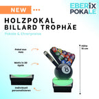 16 cm Holzpokal mit Gravur - Billard Trophäe - Queue & Kugeln Design