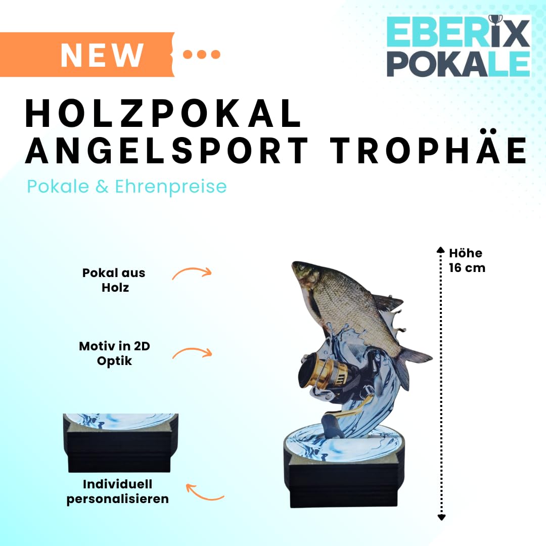 16 cm Holzpokal Trophe mit Wunschgravur - Angler Award aus Holz