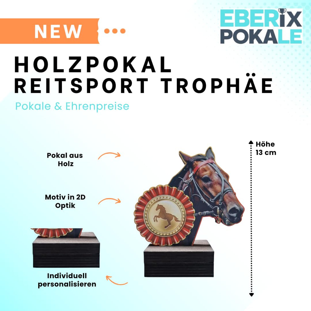 Reitsport Pokal 13 cm - Trophäe mit Pferdekopf & Schleife aus Holz