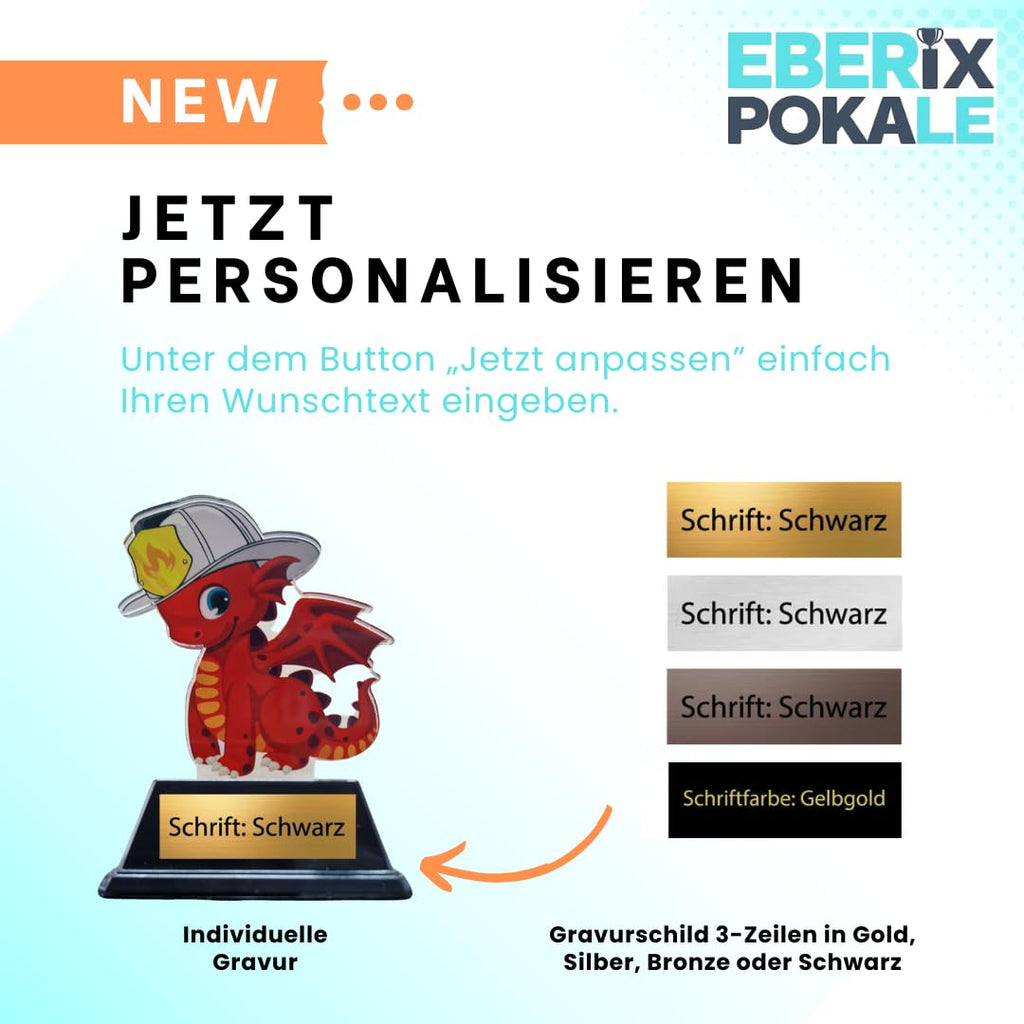10cm Kinderfeuerwehr-Pokal - Acryl Trophäe mit Drache & Wunschgravur