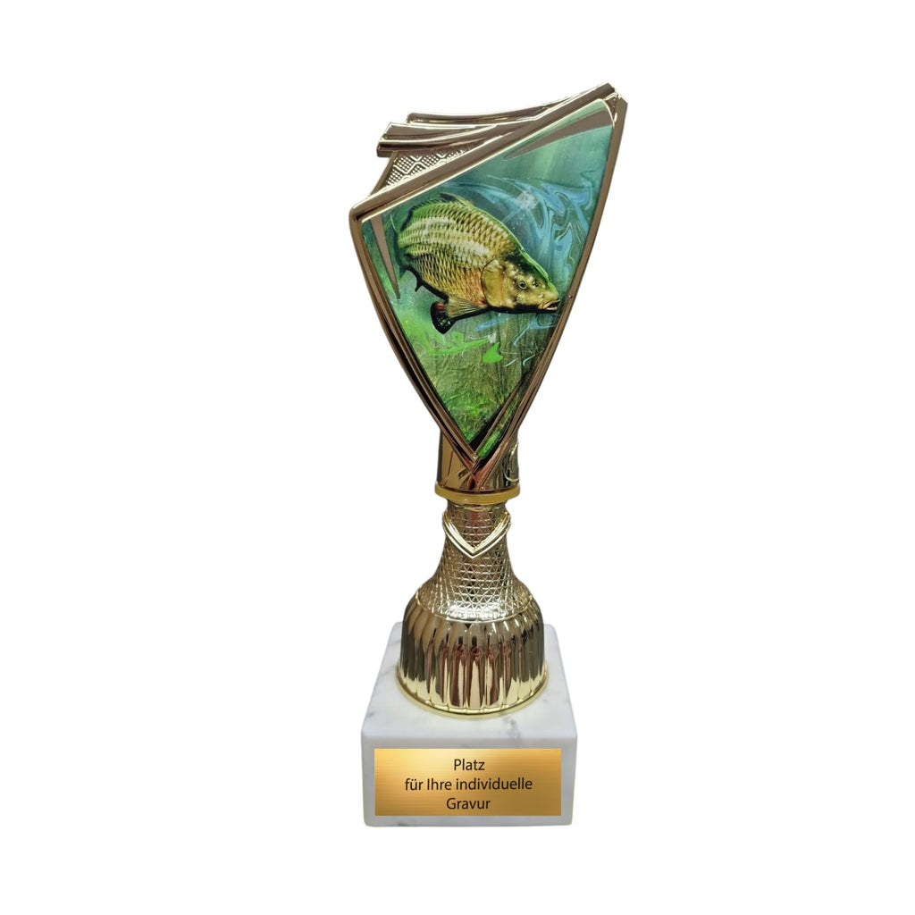 Karpfen Pokal mit 2D-Motiv - Pokal Angeln mit Gravur & Marmorsockel