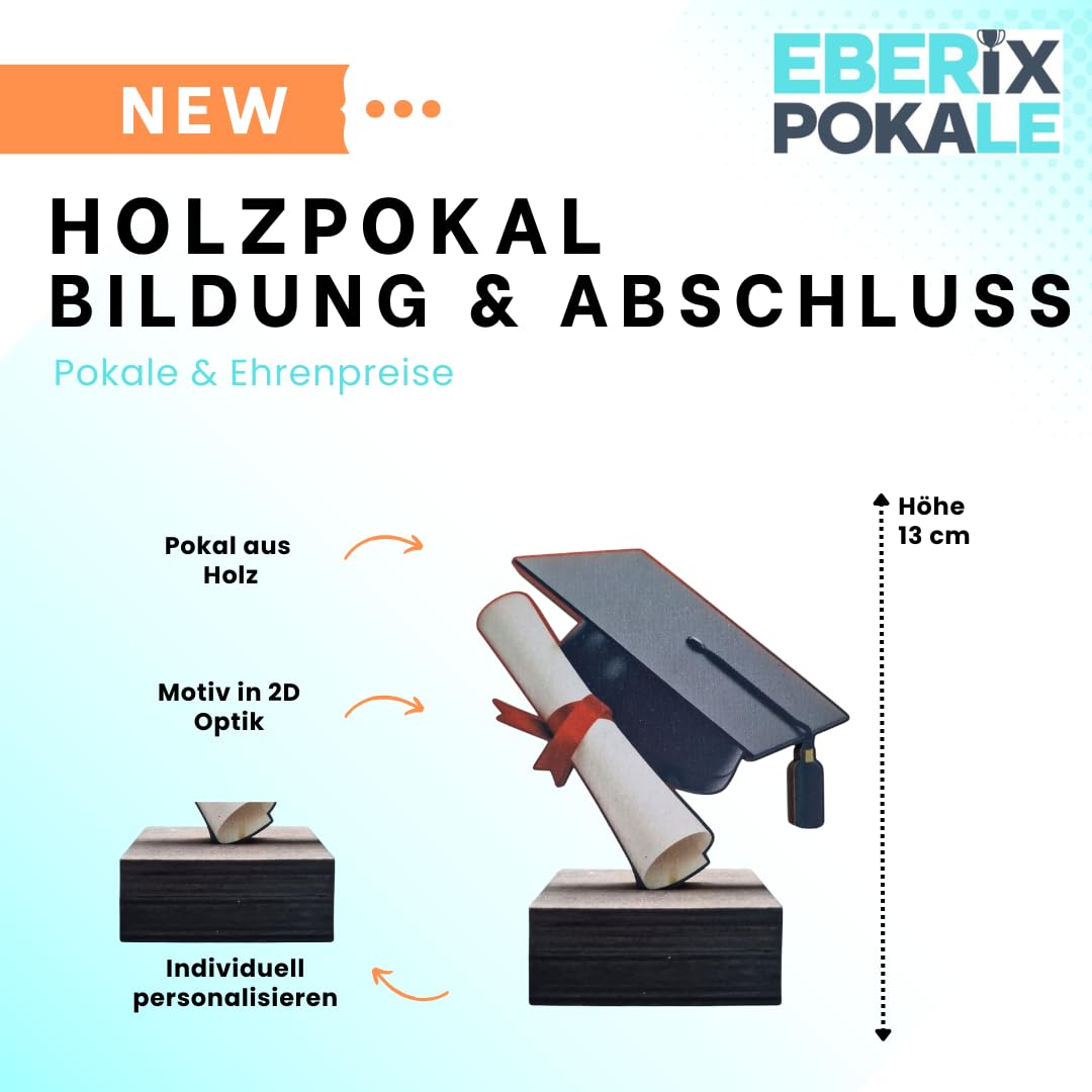 Studienpokal 13 cm Holz Trophäe mit Gravur - Abschluss-Motiv Hut & Diplom