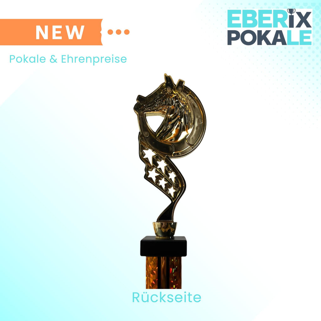 eberix · Reitsport Pokal · mit Wunschgravur · Trophäe mit Hufeisen-Motiv & goldener Glanzsäule · Siegerpokal für Reitturnier, Voltigieren, Dressur, Pferdesport ·