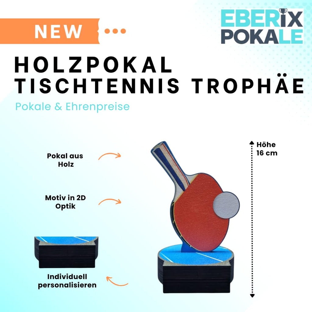 Tischtennis Pokal 16 cm - Trophäe aus Holz mit Gravur & Ping Pong Motiv