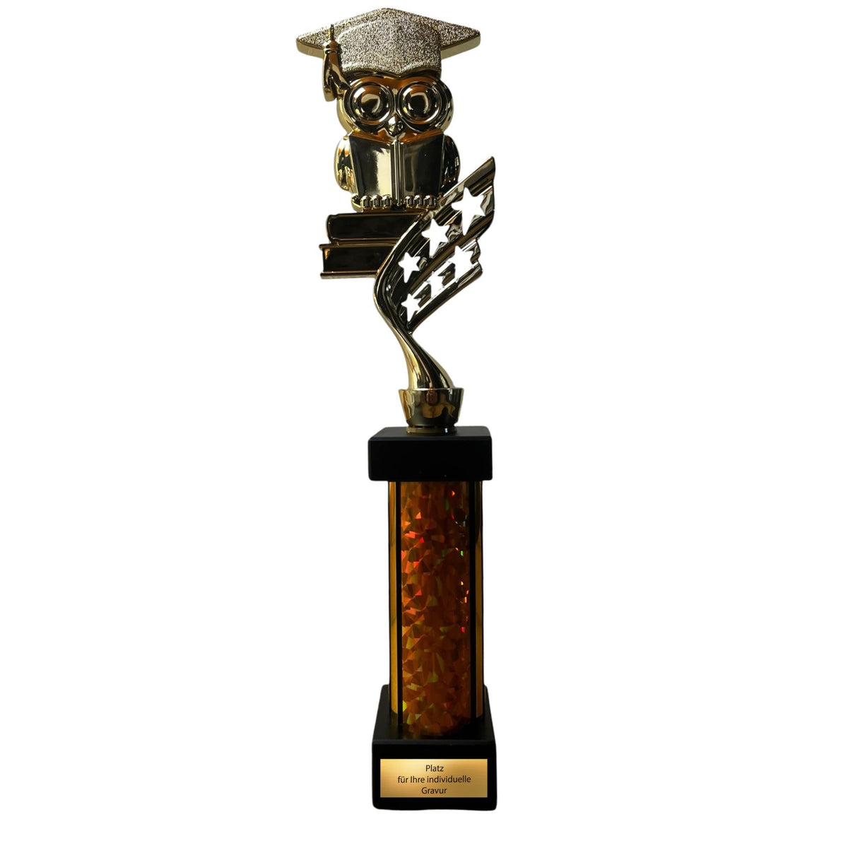 eberix · Bildung Eule Pokal · Trophäe mit Glanzsäule inkl. Gravur · Ehrenpreis für Schulabschluss, Klassenbeste, Abitur, Zeugnisverleihung · optional mit zweitem Gravurschild