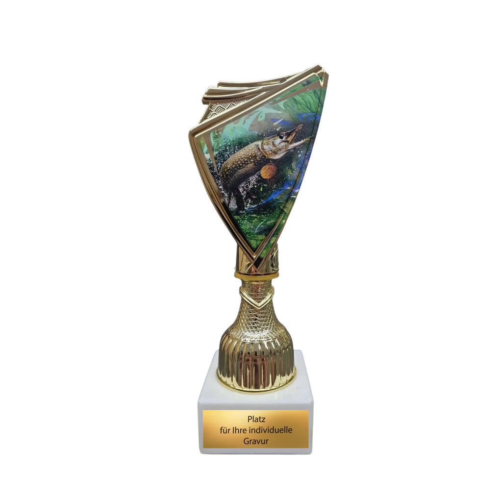 Hecht Pokal Trophäe 18,5 cm - Goldene Angel Auszeichnung mit Marmorsockel