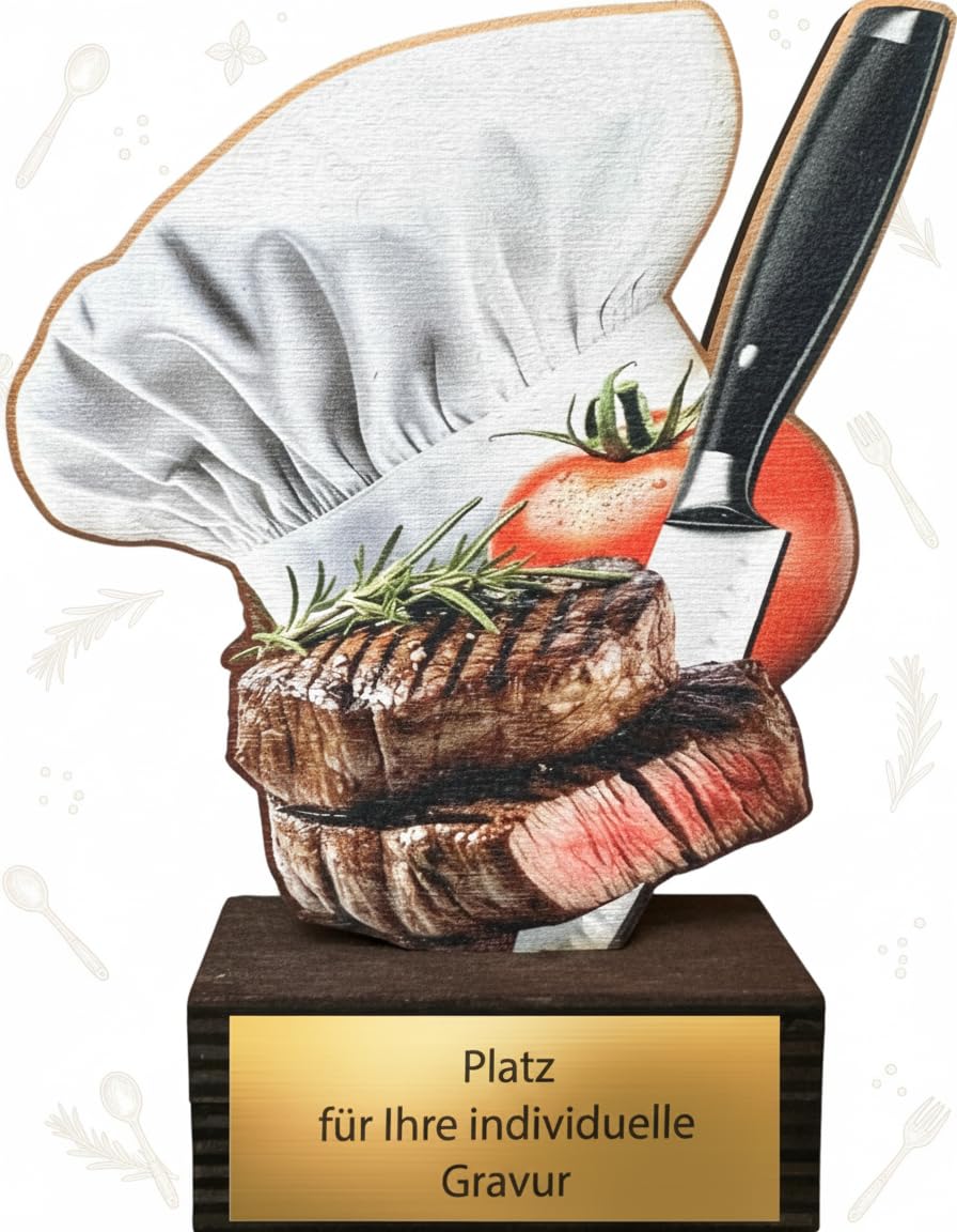 Küchen Pokal 13,5 cm - Kochmütze Steak Messer Motiv - Holz Trophäe