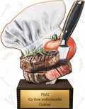 Küchen Pokal 13,5 cm - Kochmütze Steak Messer Motiv - Holz Trophäe