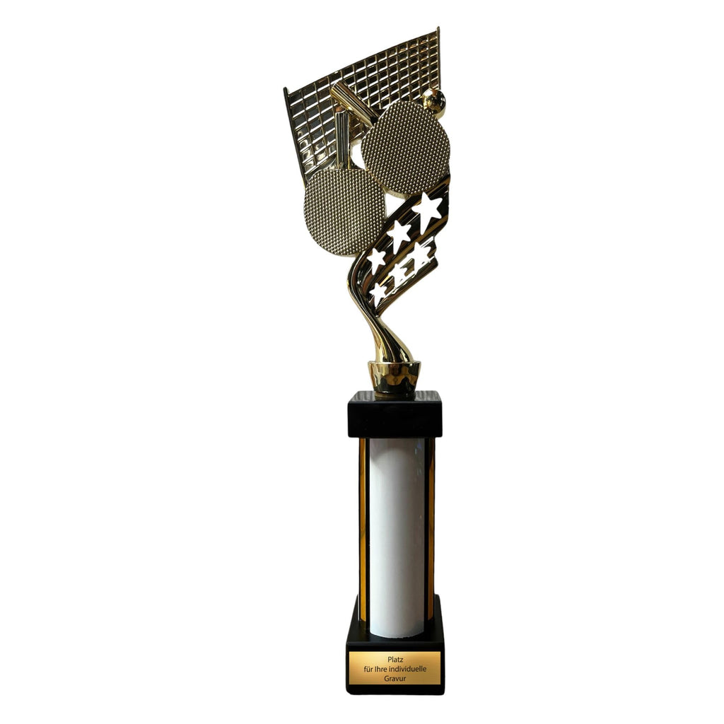 eberix · Tischtennis Pokal · mit Wunschgravur · Trophäe mit weißer Glanzsäule · Siegerpokal für Tischtennisturnier, Schulmeisterschaft, Verein, Jugendturnier · personalisierbar ·