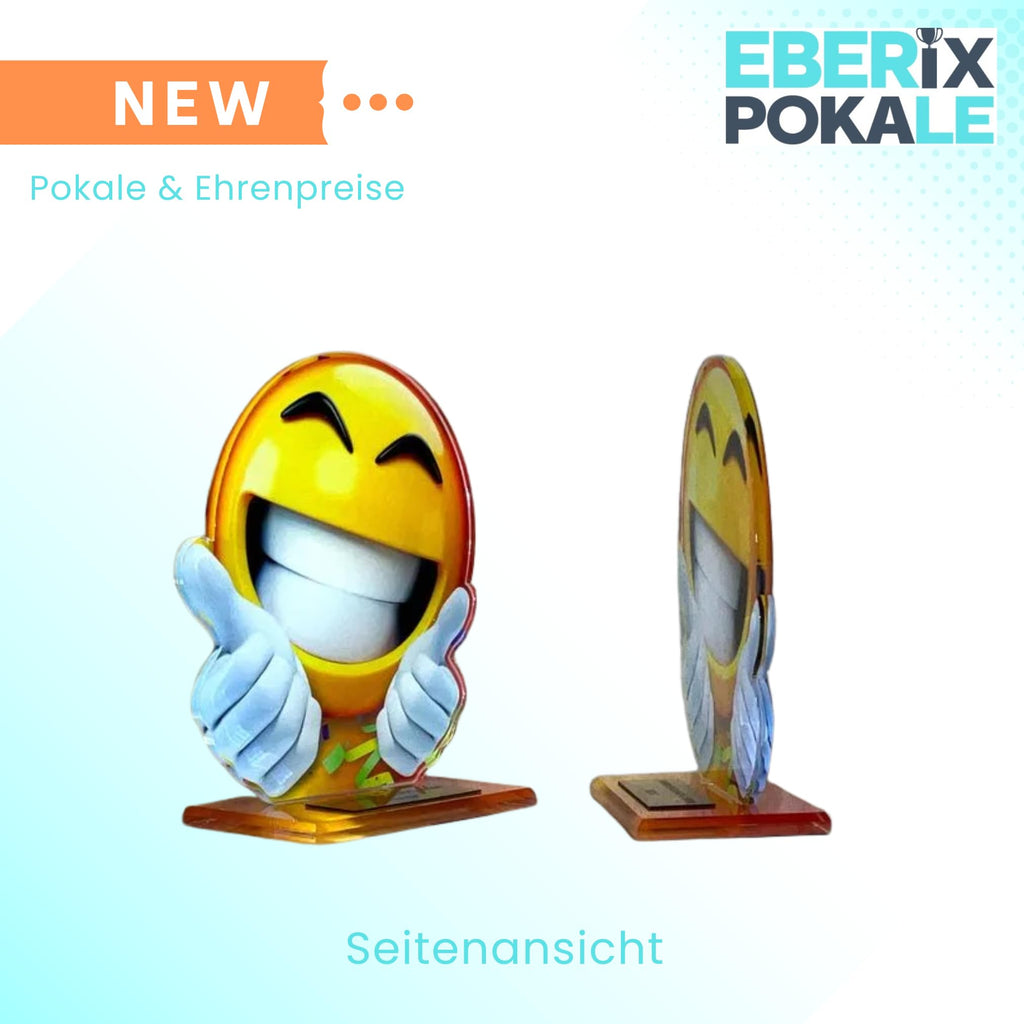 Smiley Pokal Trophäe 13,5 cm - Kinderpokal mit Gravur aus Acryl