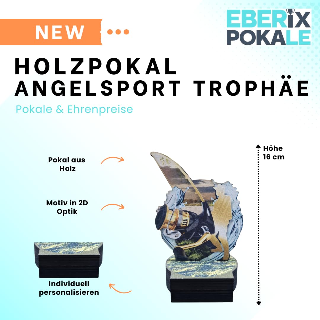 Angler Pokal aus Holz mit Gravur - 16 cm Angelsport Trophäe personalisiert