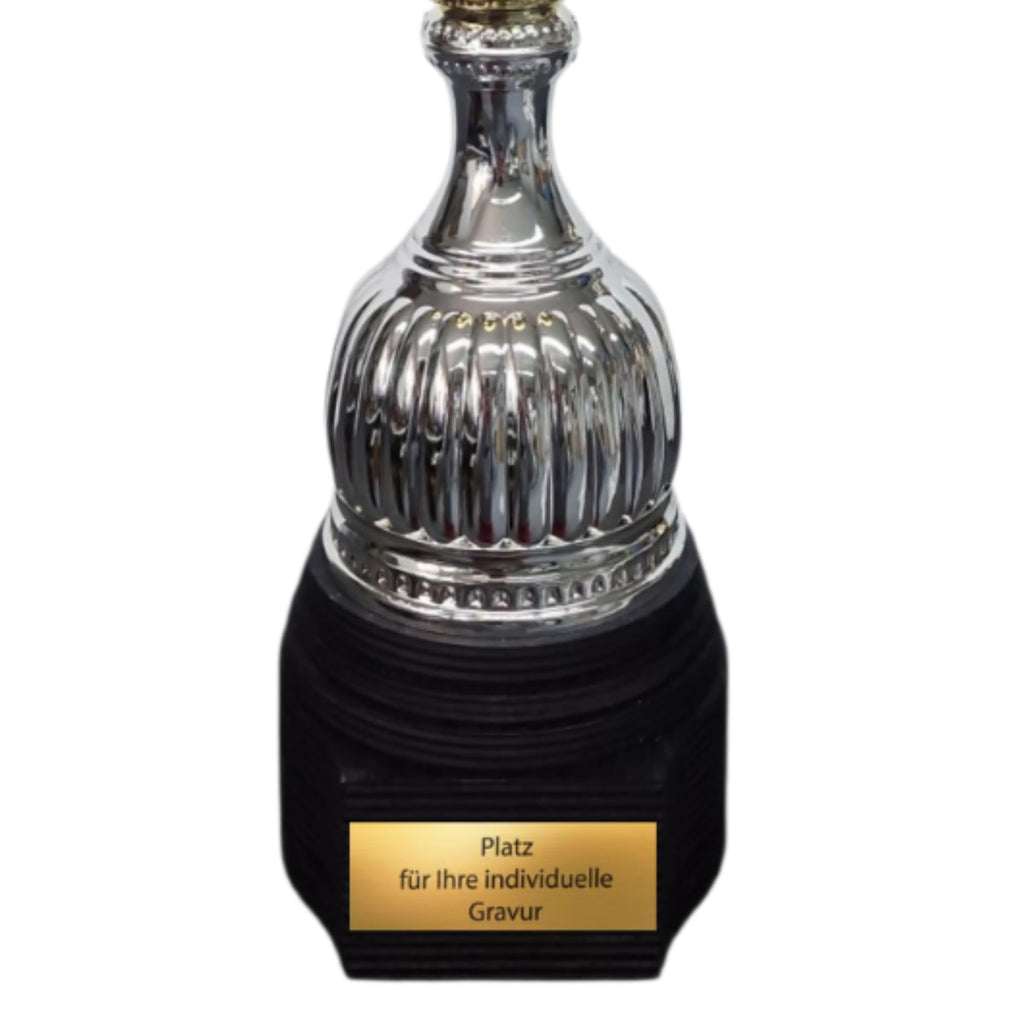 EBERiX · Athena oder Ares Wanderpokal · Wanderpokal mit Gravur · Eleganter Metallpokal mit Deckel & Holzsockel · 46 cm Höhe · Inkl. Gravurschild · personalisierbar
