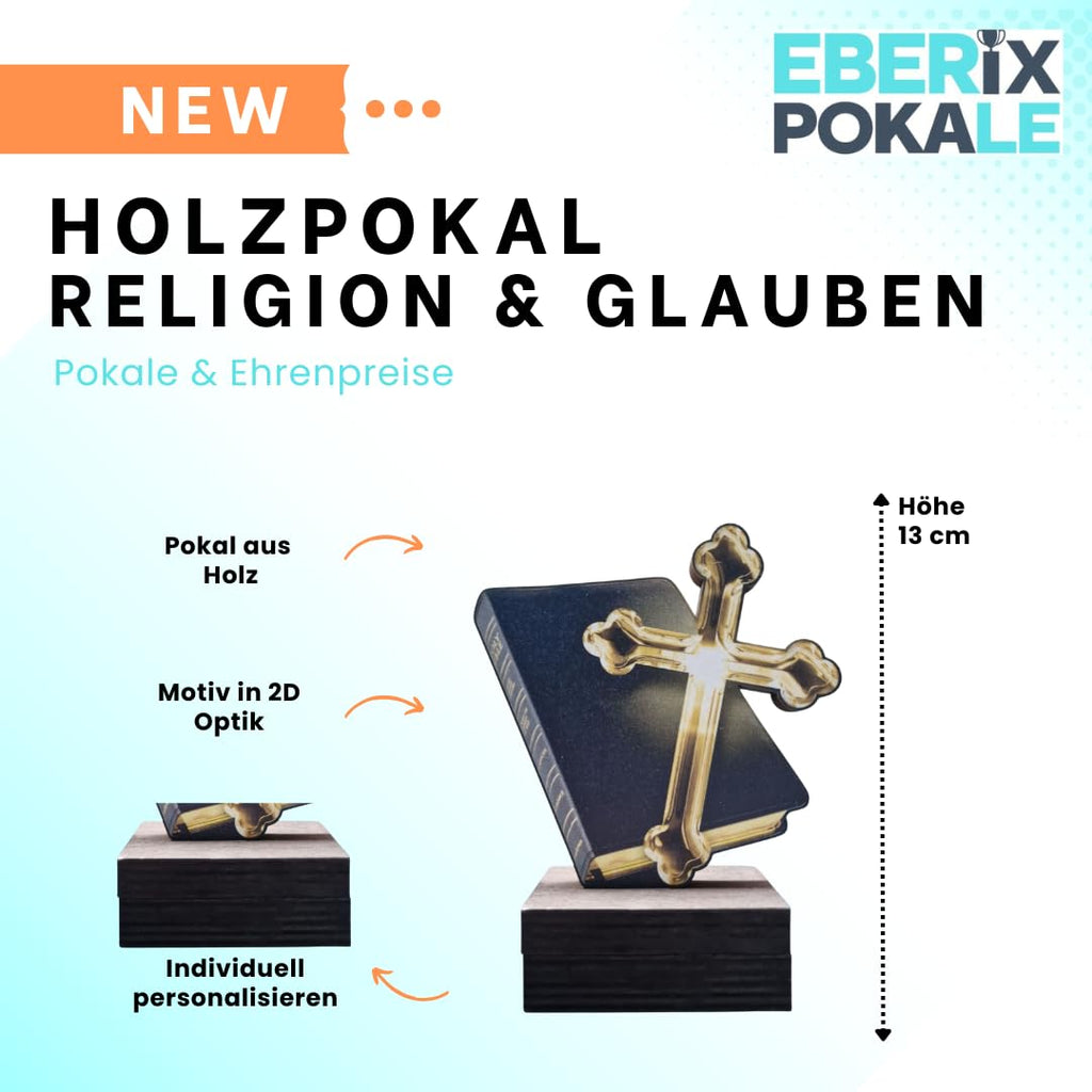 Holzpokal 13 cm Kreuz & Bibel - Religiöse Trophäe mit Wunschgravur