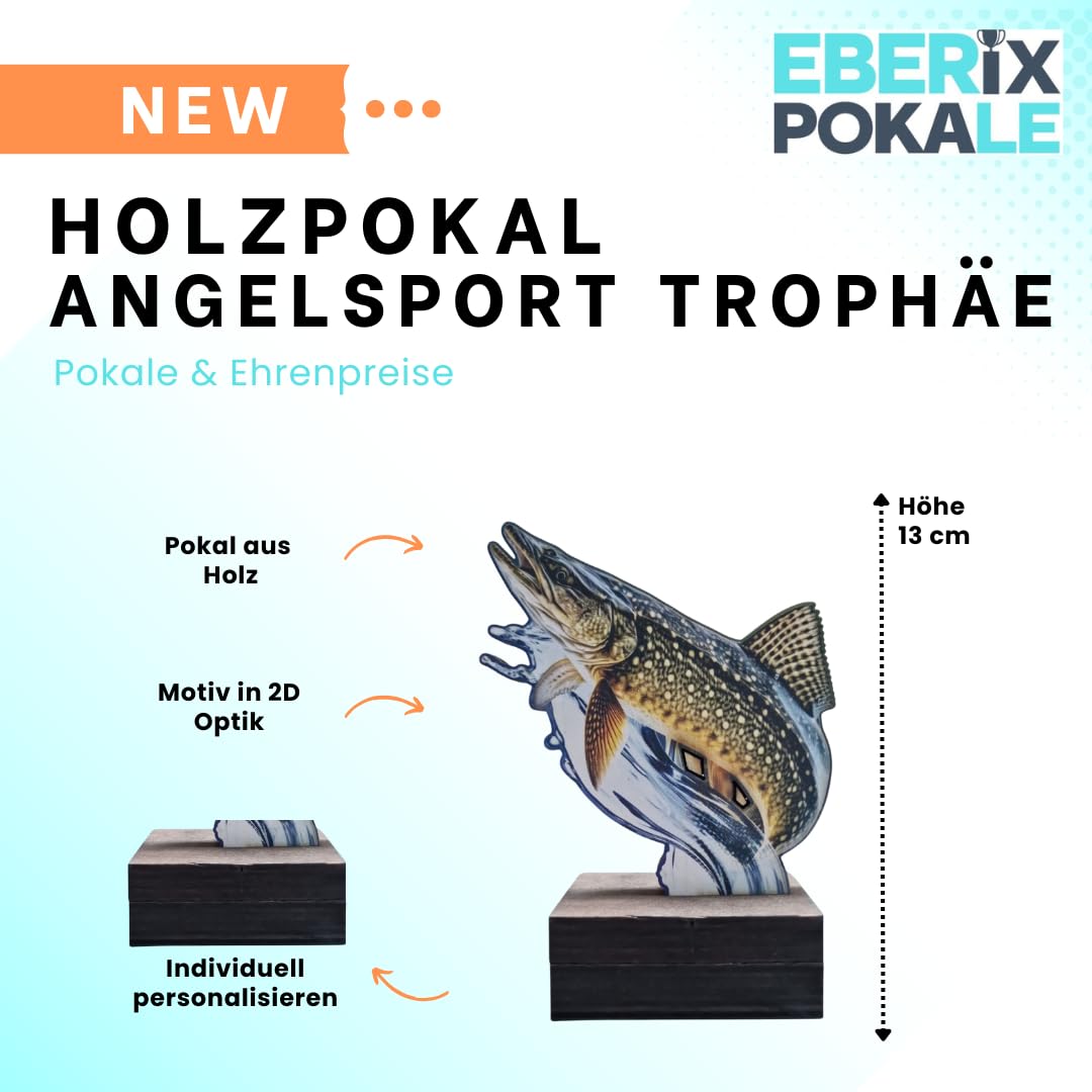 13 cm Hecht Pokal Trophäe aus Holz - Fisch Award mit Wunschgravur