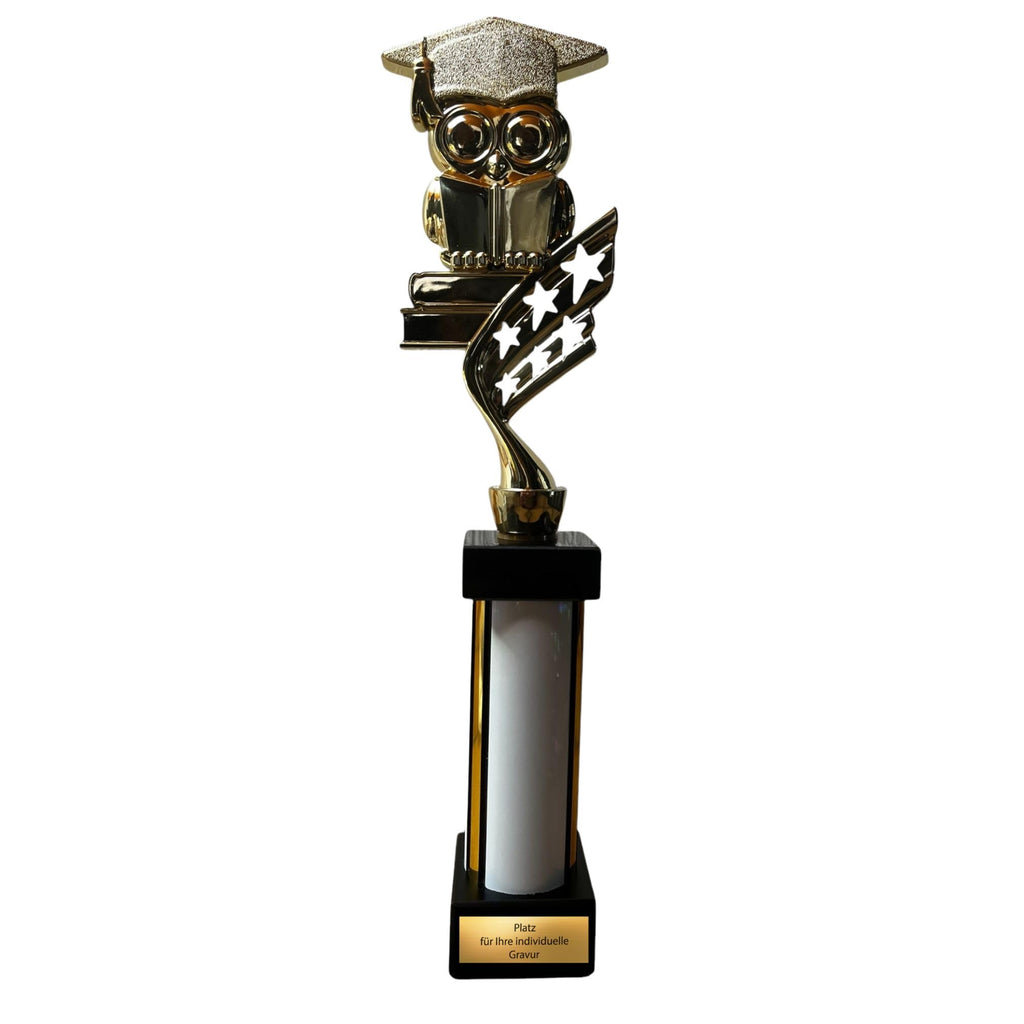 eberix · Bildung Eule Pokal· mit Wunschgravur · Trophäe mit Doktorhut-Motiv · Ehrenpreis für Schulabschluss, Kindergarten, Abitur, Bildungspreis · personalisierbar ·