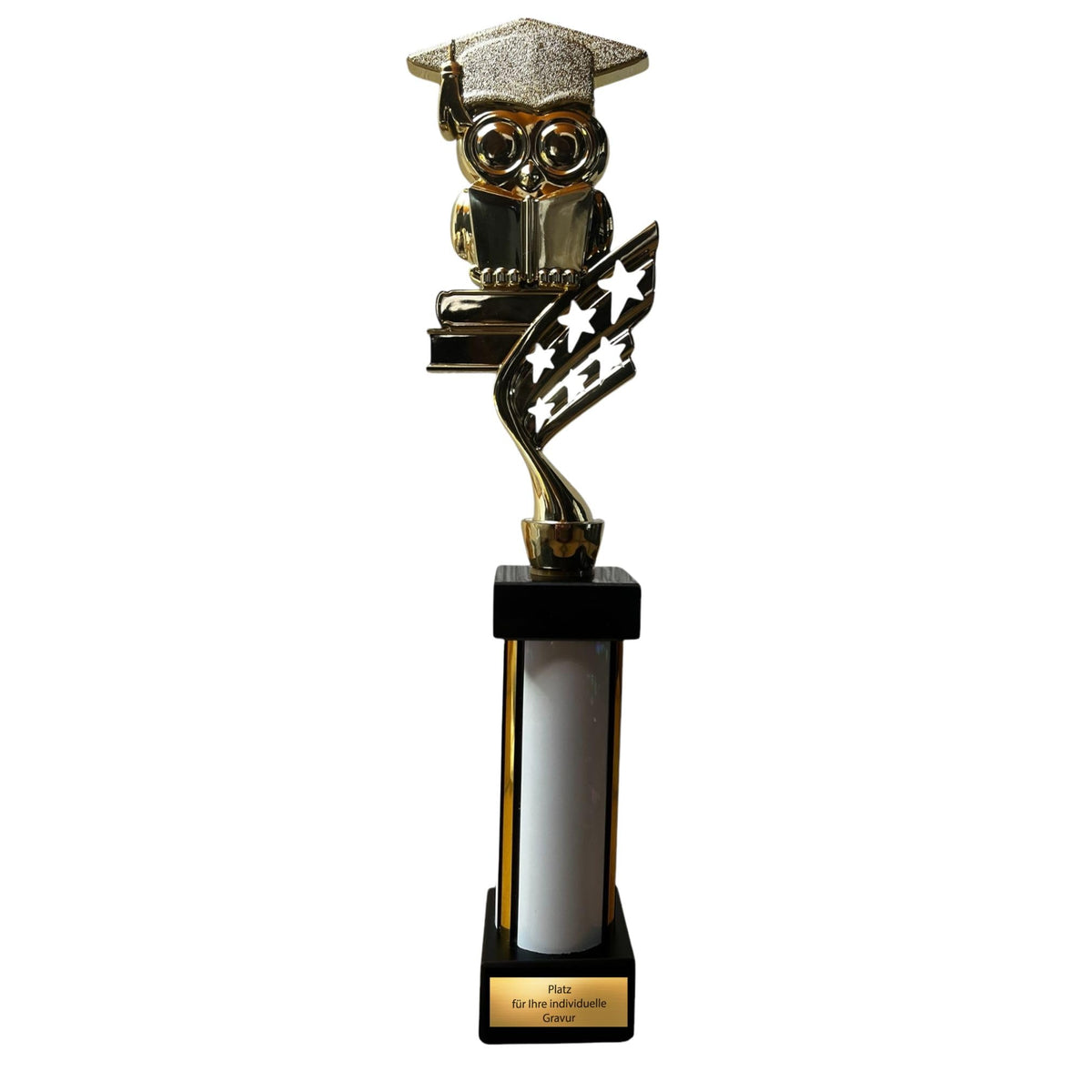 eberix · Bildung Eule Pokal· mit Wunschgravur · Trophäe mit Doktorhut-Motiv · Ehrenpreis für Schulabschluss, Kindergarten, Abitur, Bildungspreis · personalisierbar ·