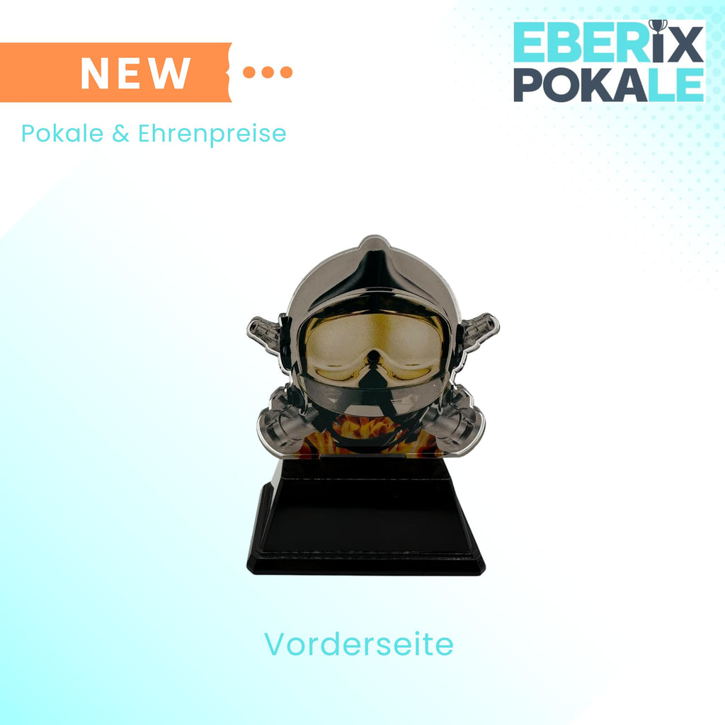 XS Acryl Feuerwehr Pokal 9 cm Hoch - Trophäe mit Gravurschild & Helm-Motiv