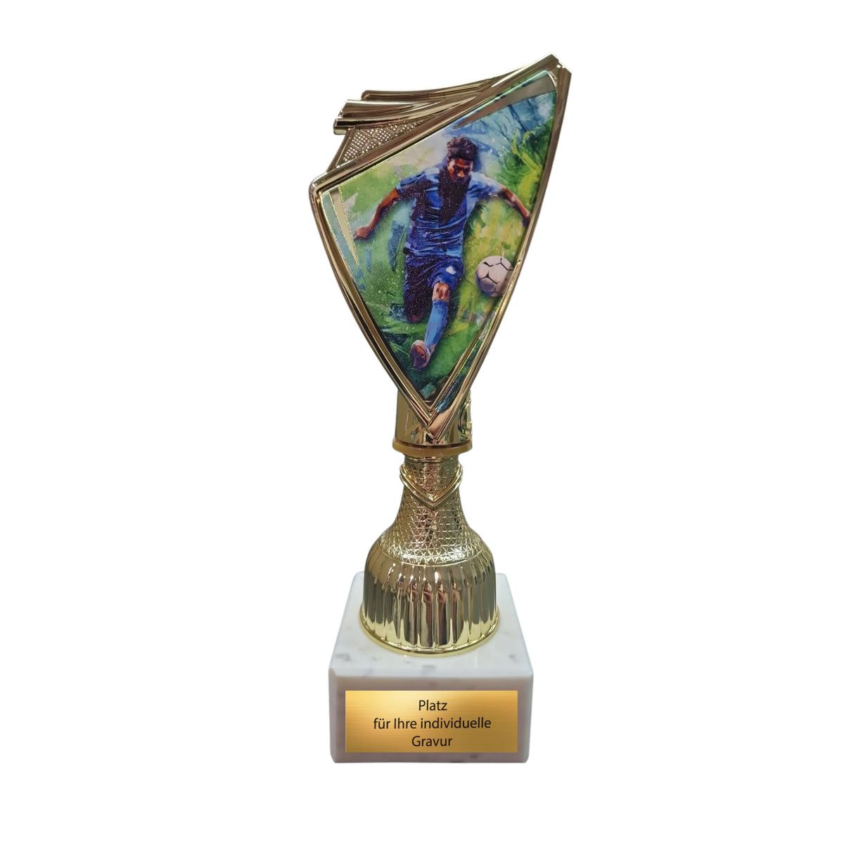 18,5 cm Fußball Pokal mit Wunschgravur - Spieler Trophäe Gold/Weiß Marmor