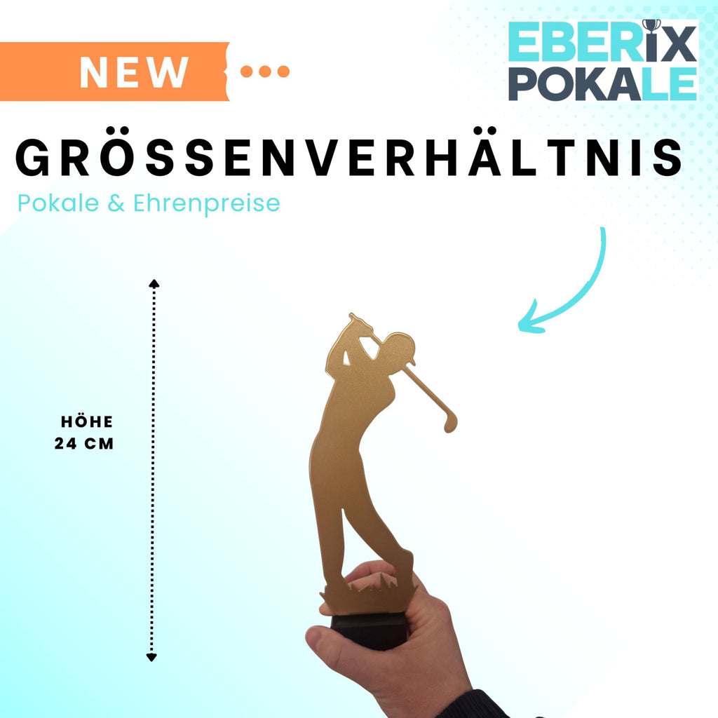 EBERiX POKALE – Metall Golfer Pokal 24 cm hoch – Award aus Metall mit Gravurschild – Golfturnier Trophäe auf Resin Sockel – kein Kunststoff – personalisierbar & sofort überreichbar