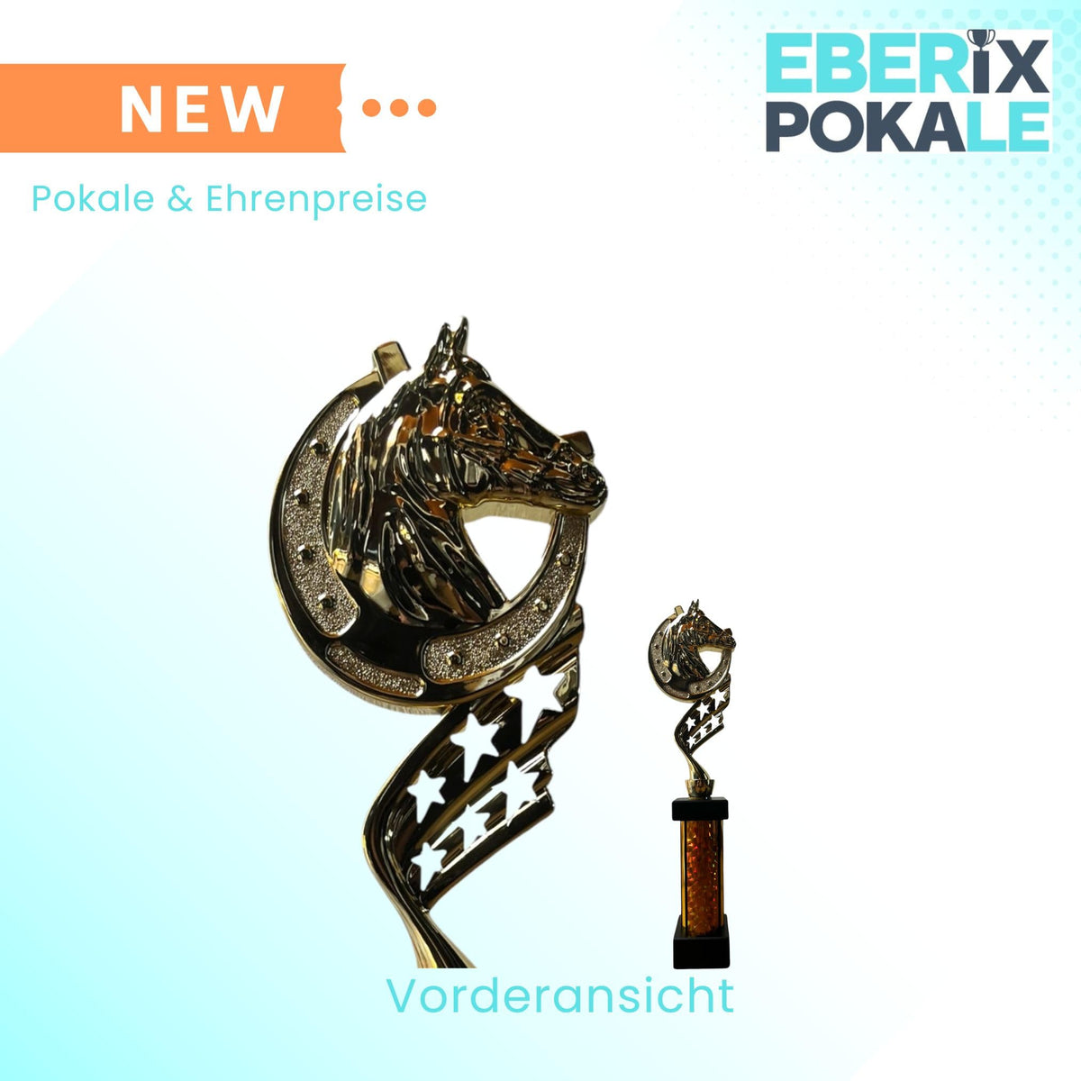 eberix · Reitsport Pokal · mit Wunschgravur · Trophäe mit Hufeisen-Motiv & goldener Glanzsäule · Siegerpokal für Reitturnier, Voltigieren, Dressur, Pferdesport ·