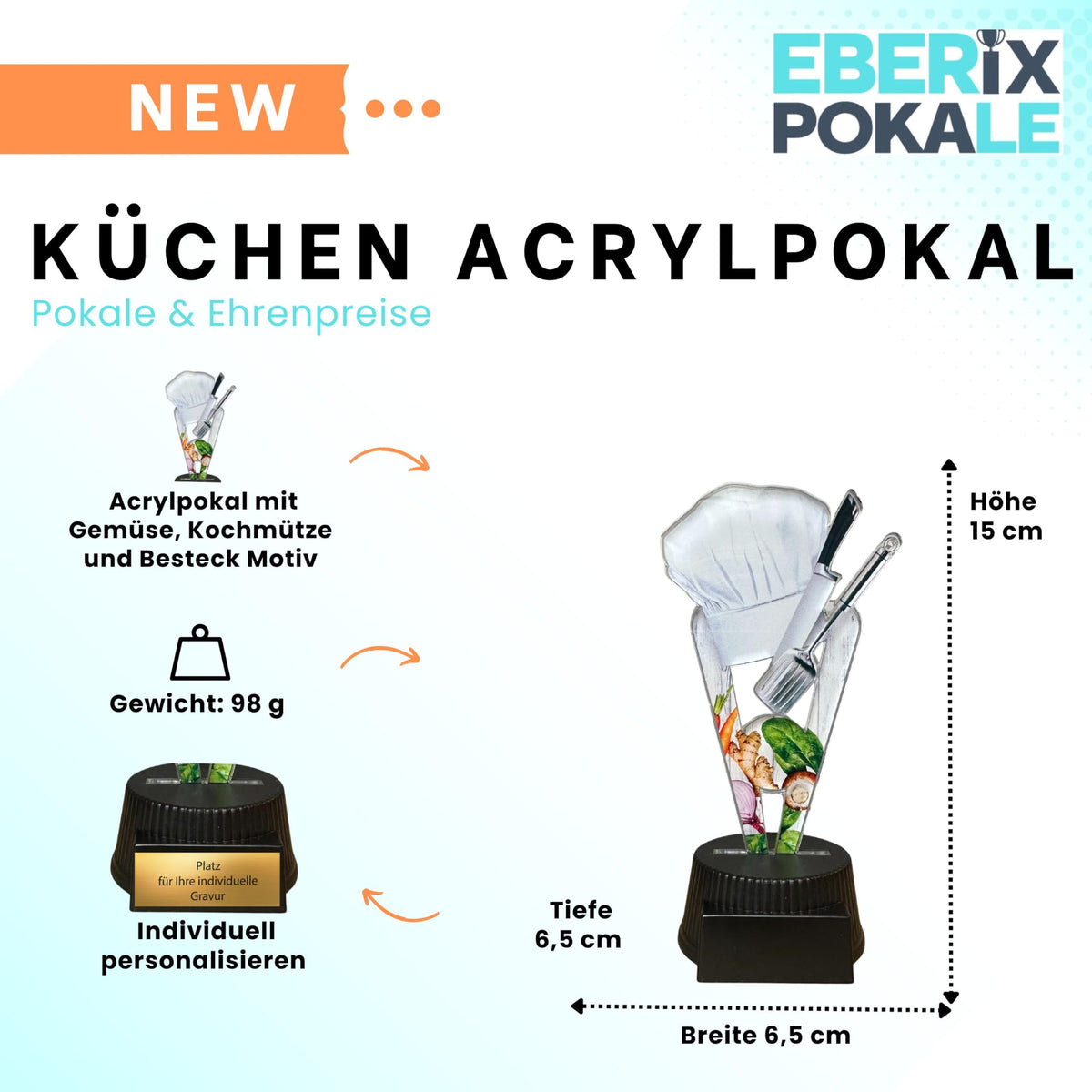 Acryl Kochpokal 15 cm mit Gravurschild - Pokal für Kochwettbewerbe & Events