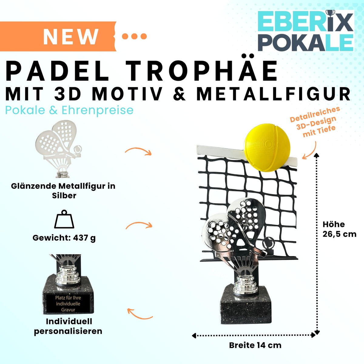 Padel Trophäe 26,5 cm Metallfigur mit 3D-Motiv & Wunschgravur