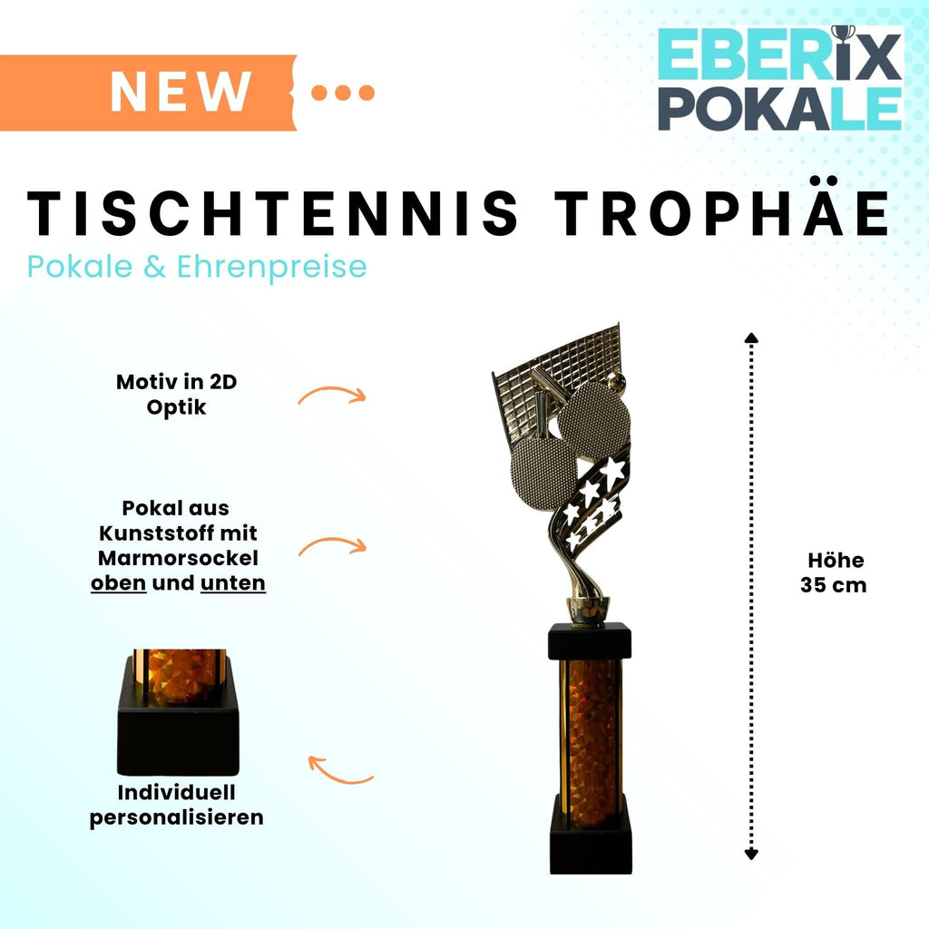 eberix · Tischtennis Pokal · mit Wunschgravur · Trophäe mit Schläger & Ball Motiv · Siegerpokal für Tischtennisturnier, Vereinsmeisterschaft, Hobbyliga · personalisierbar ·