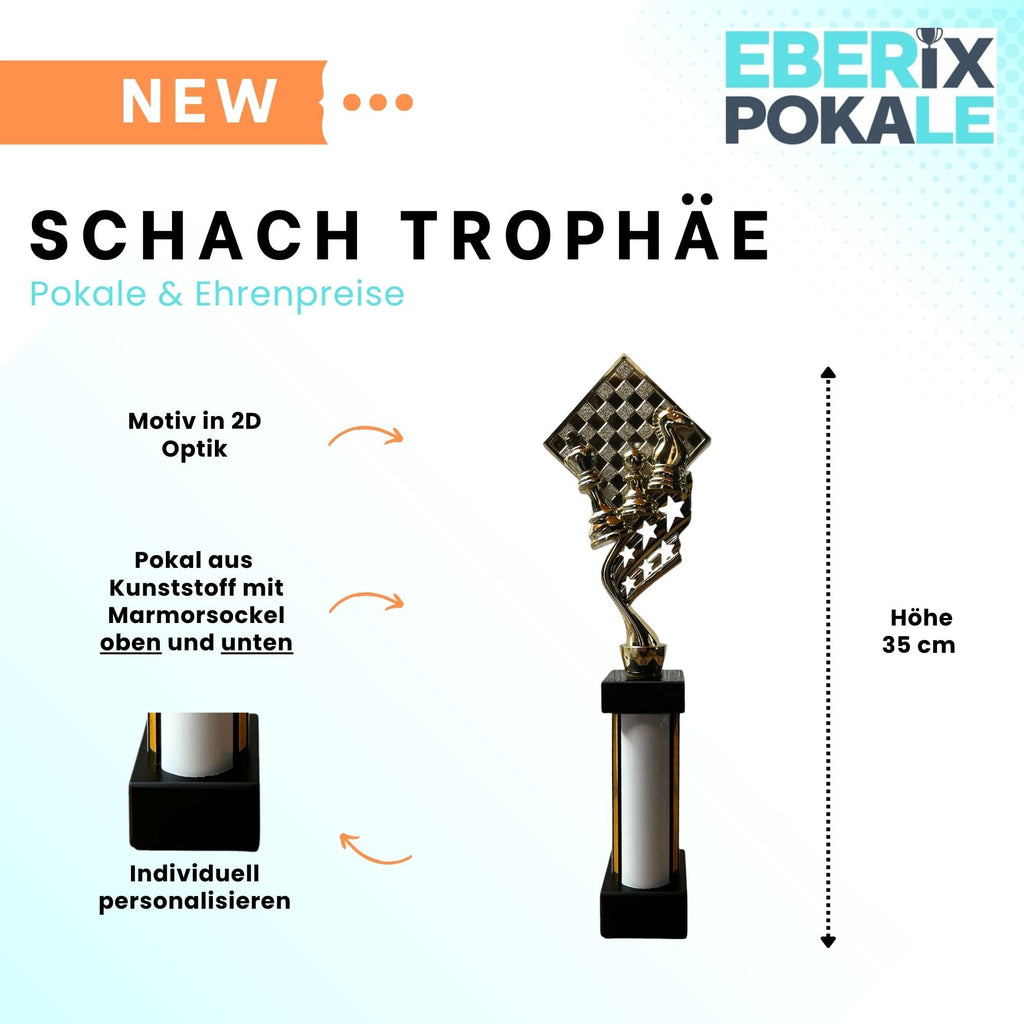 EBERiX POKALE · Schach Pokal · mit Wunschgravur · Trophäe mit Figuren & Brett Motiv · Siegerpokal für Schachturnier, Vereinsmeisterschaft, Denksport-Wettbewerb · personalisierbar ·