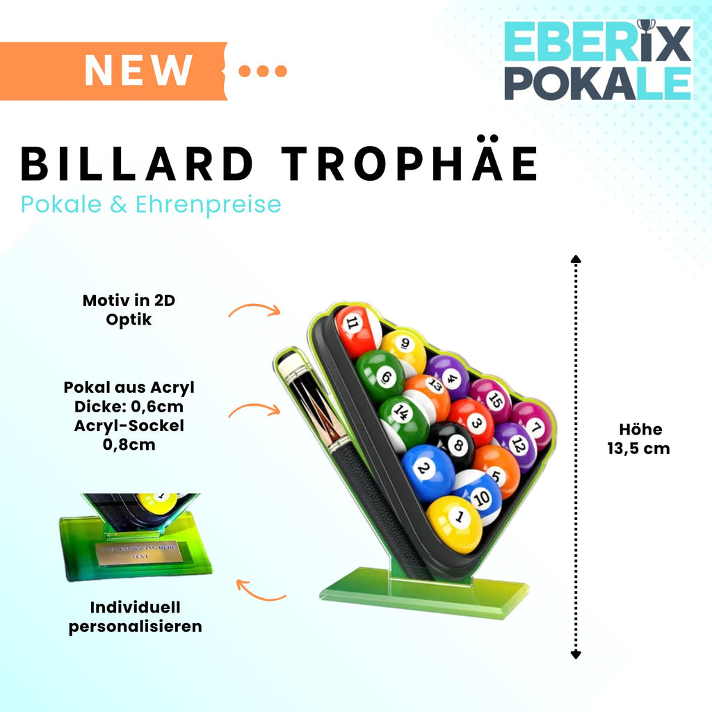 Poker Billard Pokal mit Gravur - Trophäe aus Acryl - Buntes 2D-Design