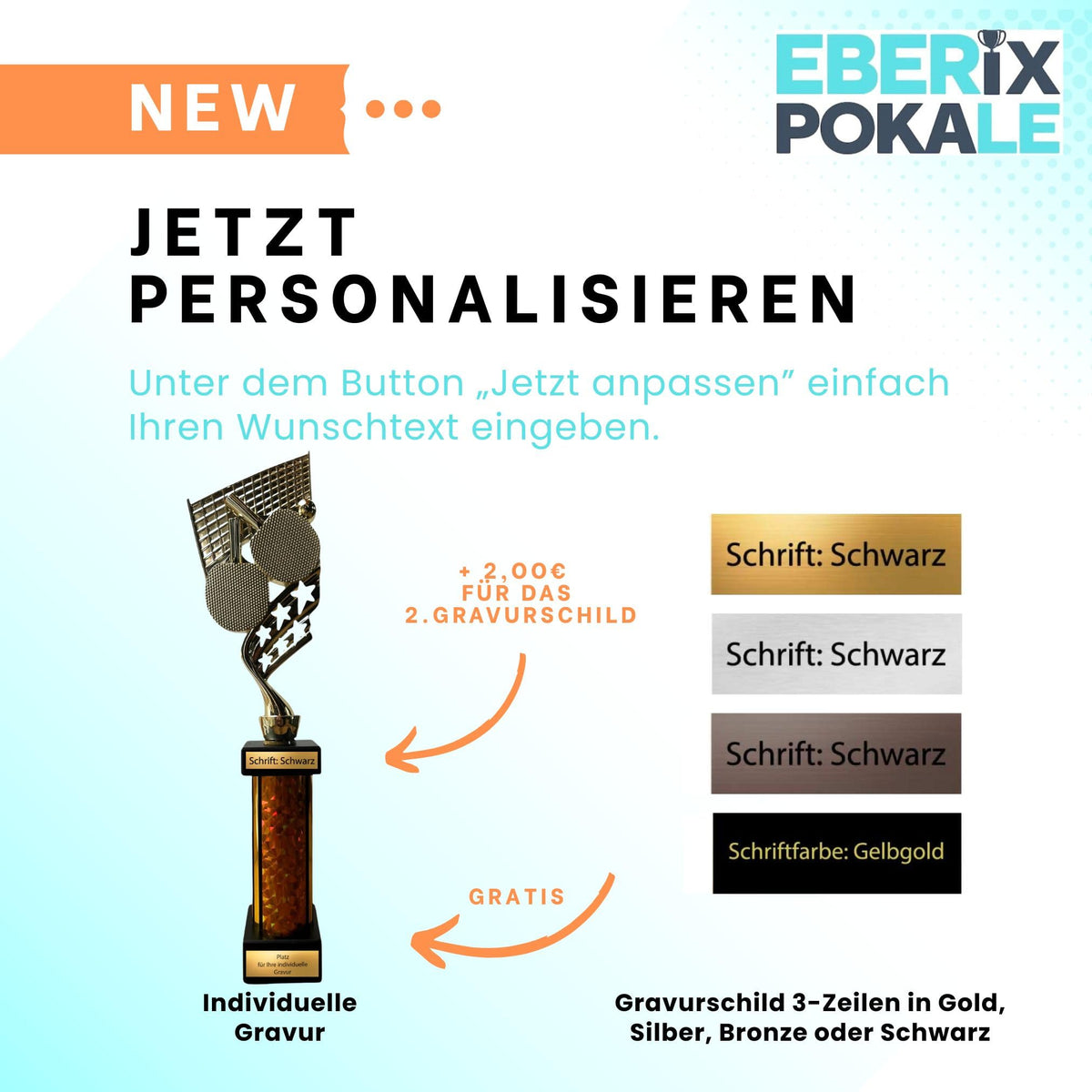 eberix · Tischtennis Pokal · mit Wunschgravur · Trophäe mit Schläger & Ball Motiv · Siegerpokal für Tischtennisturnier, Vereinsmeisterschaft, Hobbyliga · personalisierbar ·