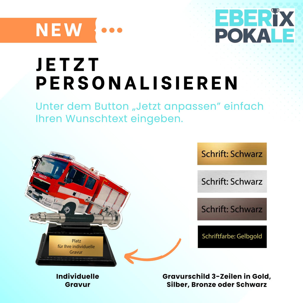 XS Feuerwehr Pokal 9 cm - Acryl Trophäe mit Feuerwehrauto & Gravurschild