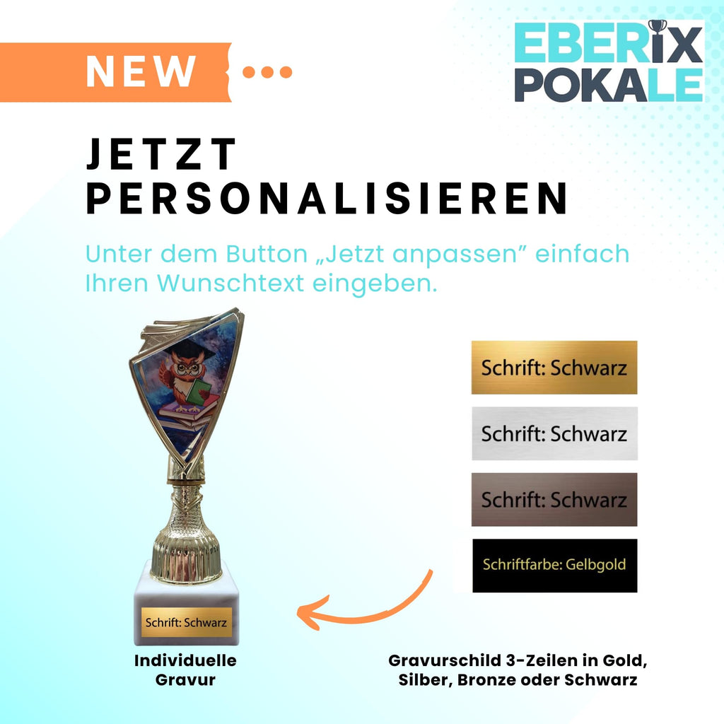 Eberix Eulen Pokal 18,5cm - Trophäe mit Gravur, Marmorsockel & 2D-Motiv