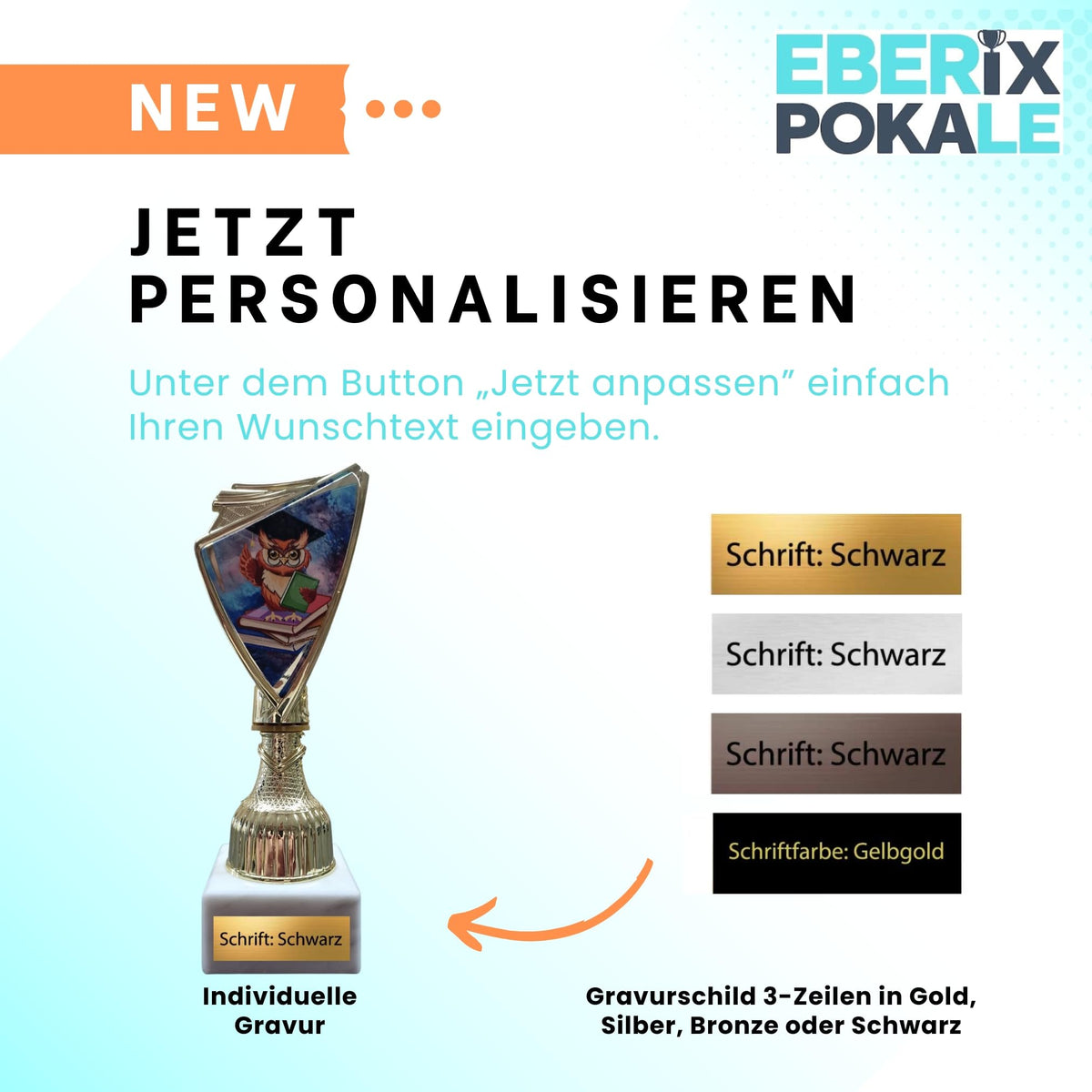 Eberix Eulen Pokal 18,5cm - Trophäe mit Gravur, Marmorsockel & 2D-Motiv