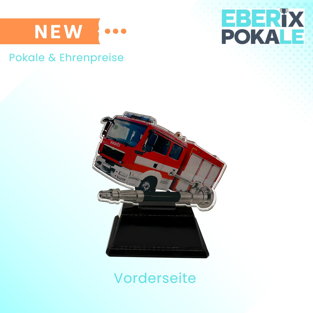 XS Feuerwehr Pokal 9 cm - Acryl Trophäe mit Feuerwehrauto & Gravurschild