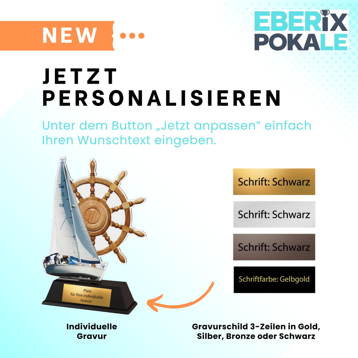 XS Pokal Segelboot 10 cm - Maritime Trophäe mit Gravur & Steuerrad