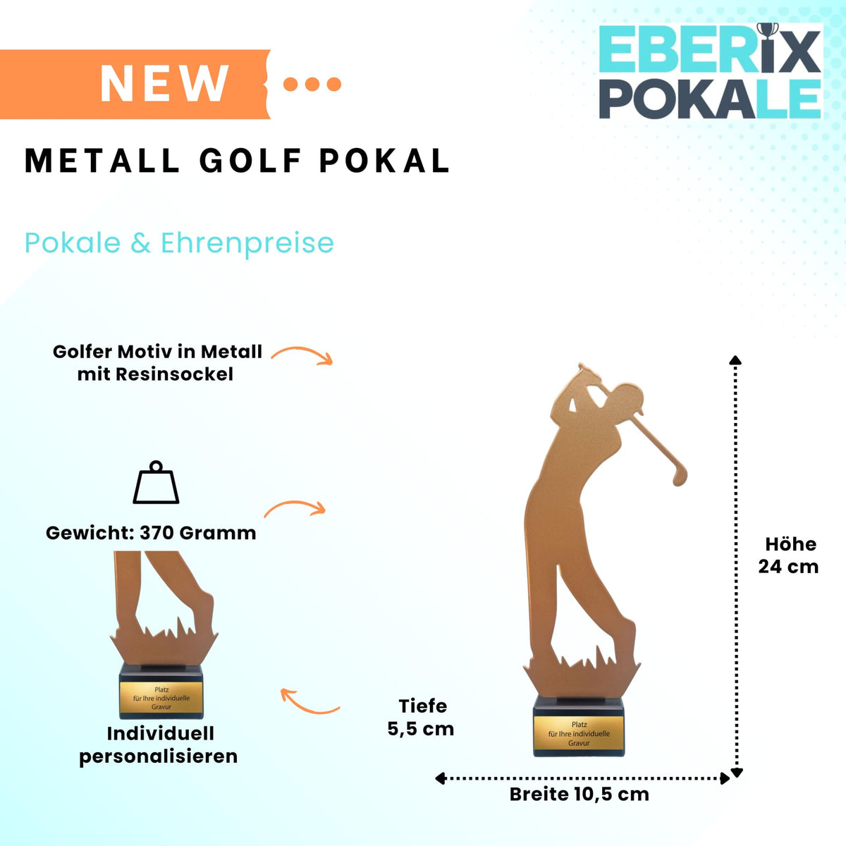 EBERiX POKALE – Metall Golfer Pokal 24 cm hoch – Award aus Metall mit Gravurschild – Golfturnier Trophäe auf Resin Sockel – kein Kunststoff – personalisierbar & sofort überreichbar