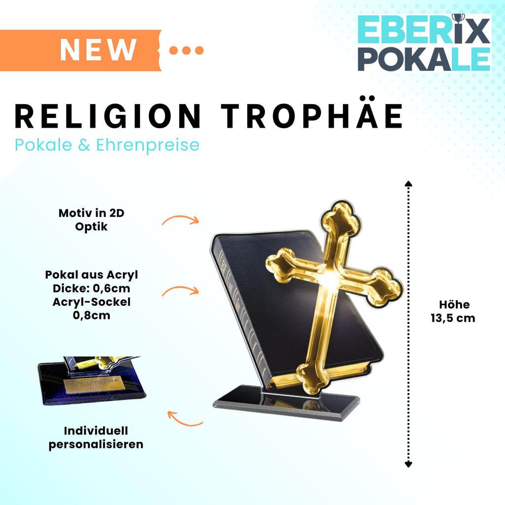 2D Religions Pokal Acryl 18cm Trophäe mit Bibel & Kreuz - Personalisierbar