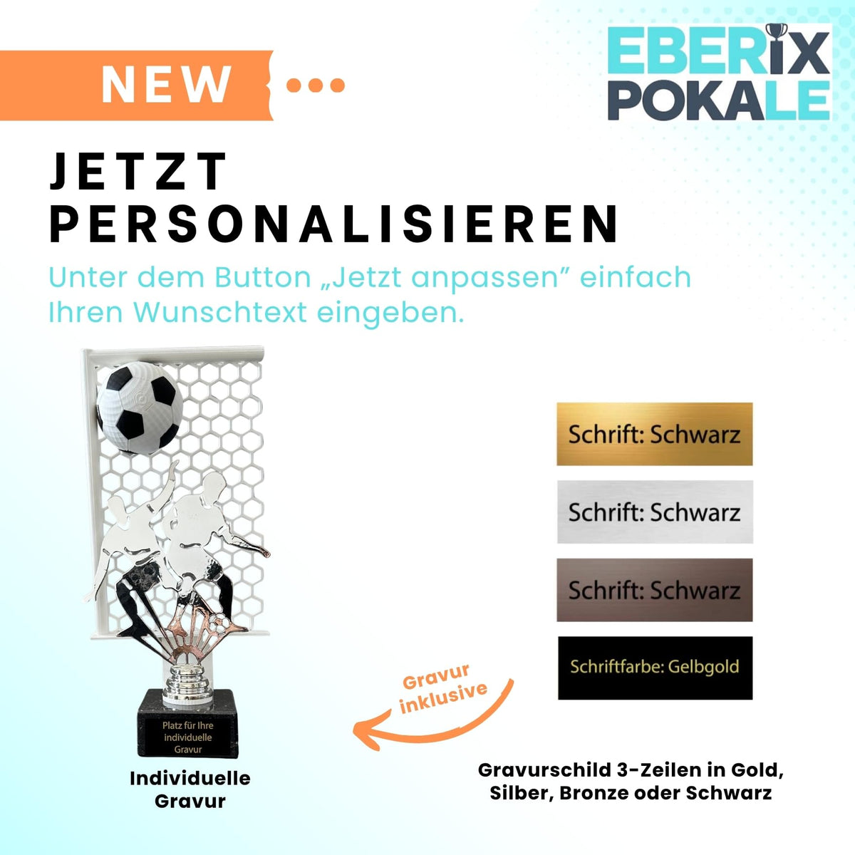Fußball Trophäe 27 cm Metallfigur mit Wunschgravur & 3D-Hintergrund