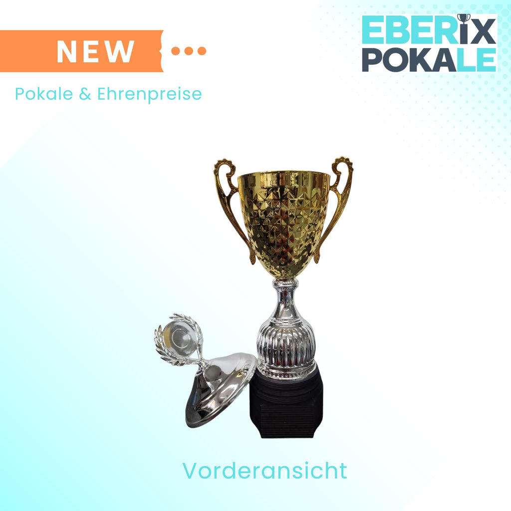 EBERiX · Athena oder Ares Wanderpokal · Wanderpokal mit Gravur · Eleganter Metallpokal mit Deckel & Holzsockel · 46 cm Höhe · Inkl. Gravurschild · personalisierbar