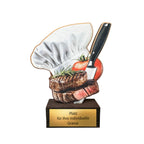 Küchen Pokal 13,5 cm - Kochmütze Steak Messer Motiv - Holz Trophäe