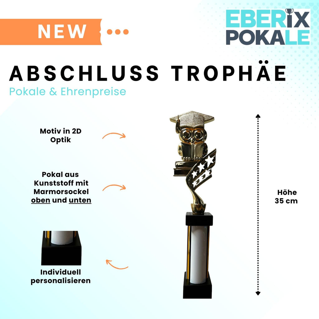 eberix · Bildung Eule Pokal· mit Wunschgravur · Trophäe mit Doktorhut-Motiv · Ehrenpreis für Schulabschluss, Kindergarten, Abitur, Bildungspreis · personalisierbar ·
