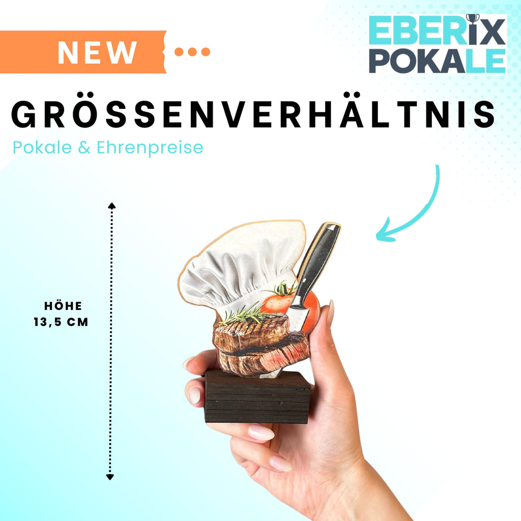 Küchen Pokal 13,5 cm - Kochmütze Steak Messer Motiv - Holz Trophäe