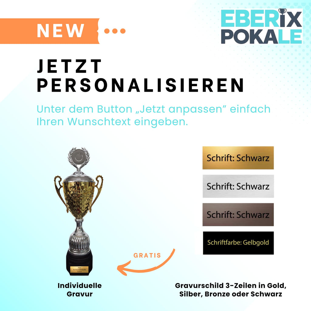 EBERiX · Athena oder Ares Wanderpokal · Wanderpokal mit Gravur · Eleganter Metallpokal mit Deckel & Holzsockel · 46 cm Höhe · Inkl. Gravurschild · personalisierbar