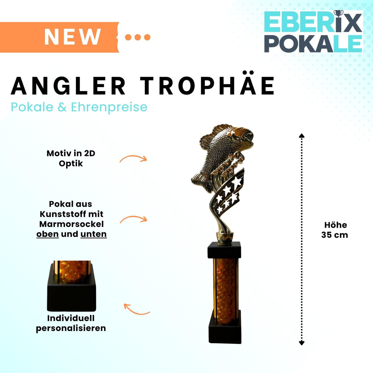 eberix · Angelsport Pokal · mit Wunschgravur · Trophäe mit Glanzsäule · Siegerpokal für Angelturnier, Vereinsfischen, Fischerfest, Raubfisch-Cup · personalisierbar ·