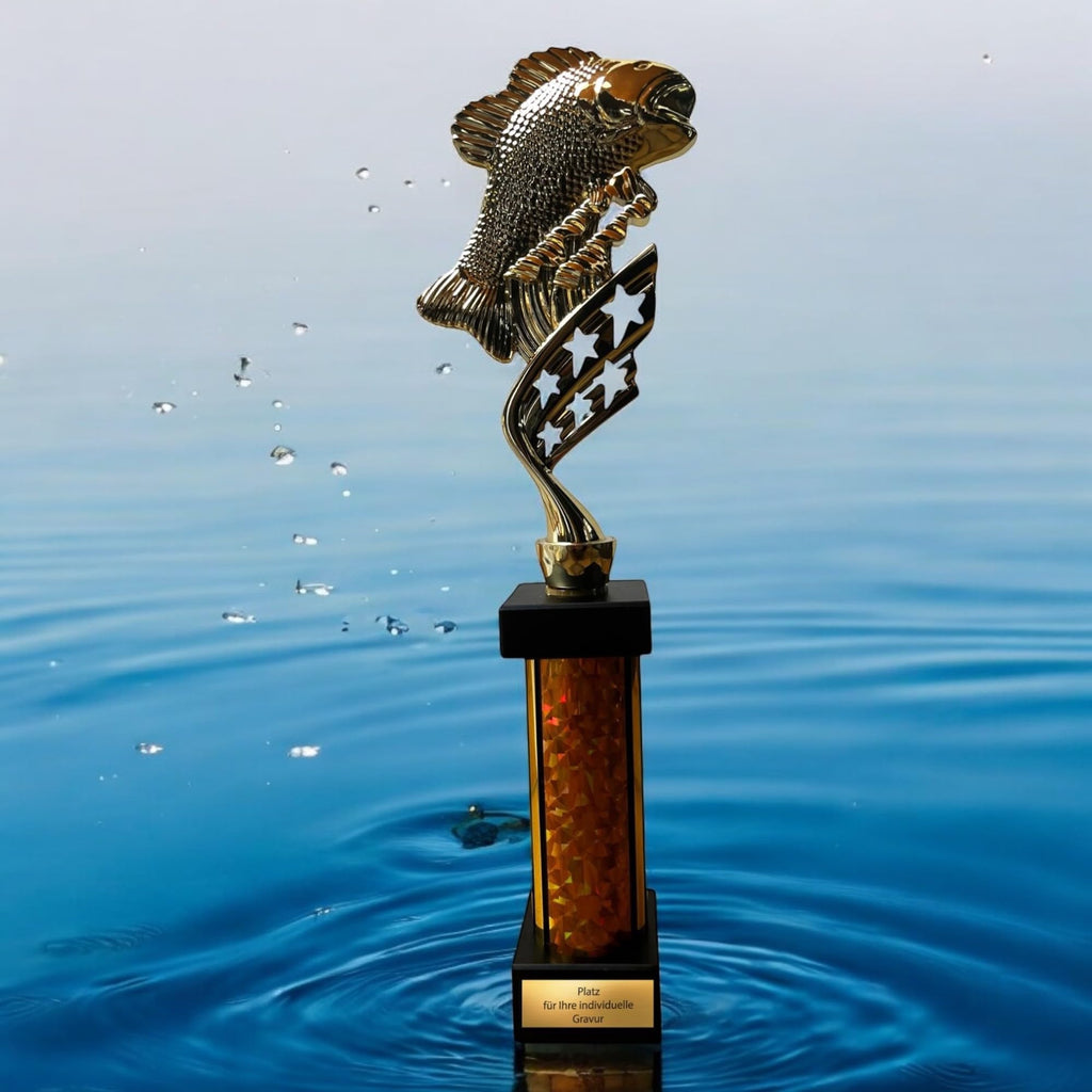 eberix · Angelsport Pokal · mit Wunschgravur · Trophäe mit Glanzsäule · Siegerpokal für Angelturnier, Vereinsfischen, Fischerfest, Raubfisch-Cup · personalisierbar ·