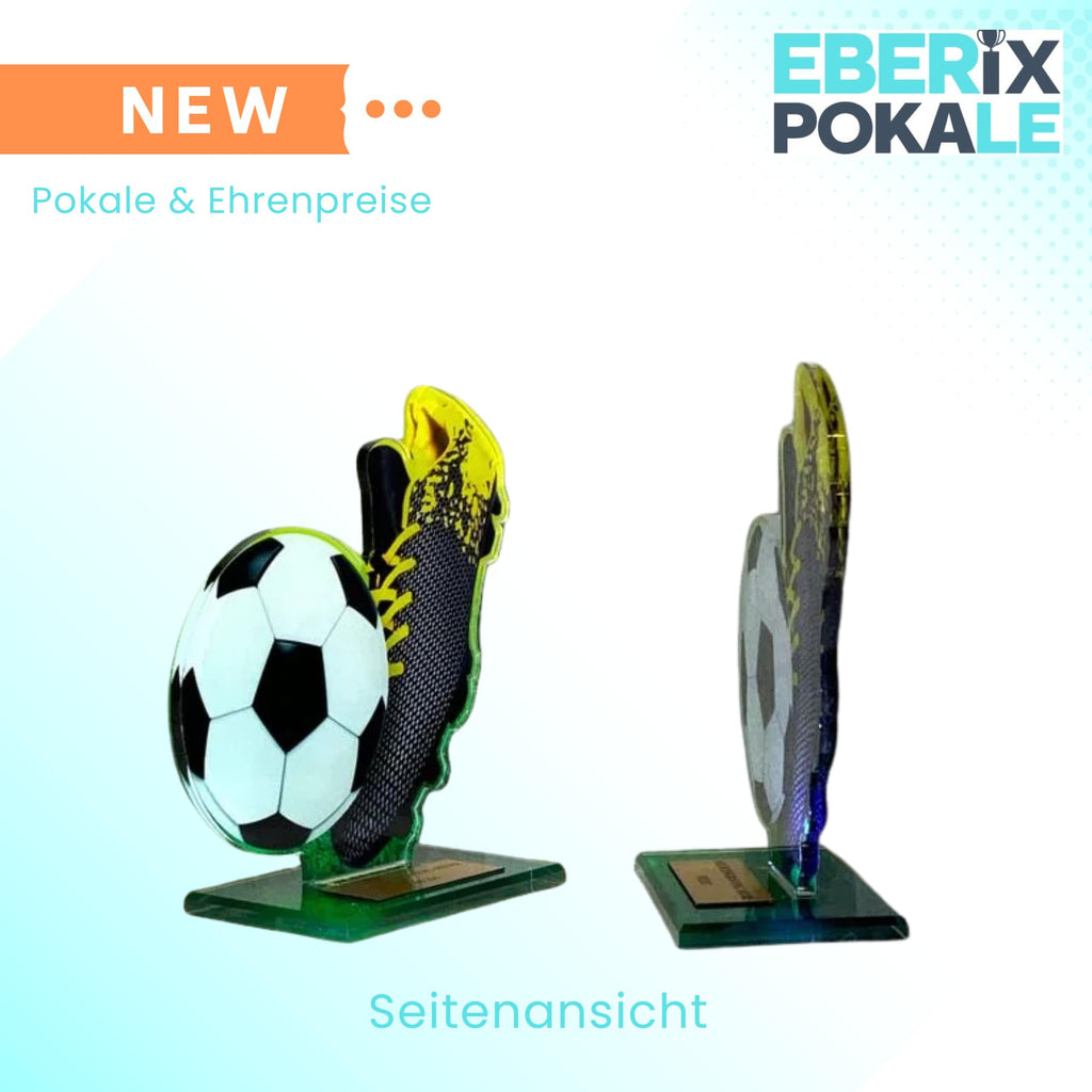 14 cm Fussballpokal Trophaee aus Acryl - 3D Design mit Schuh & Ball