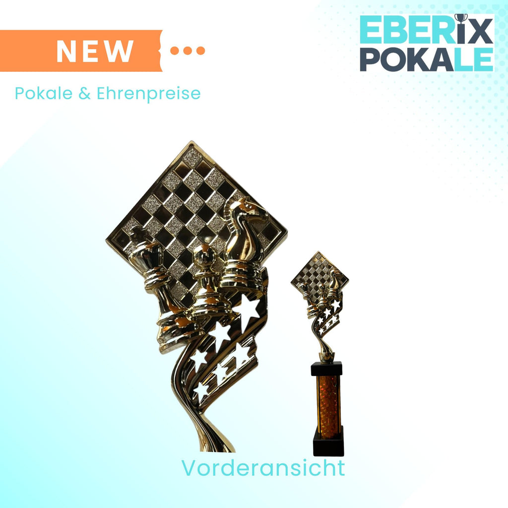 eberix · Schach Pokal · mit Wunschgravur · Trophäe mit Figuren & Brett Motiv · Siegerpokal für Schachturnier, Vereinsmeisterschaft, Denksport-Wettbewerb · personalisierbar ·