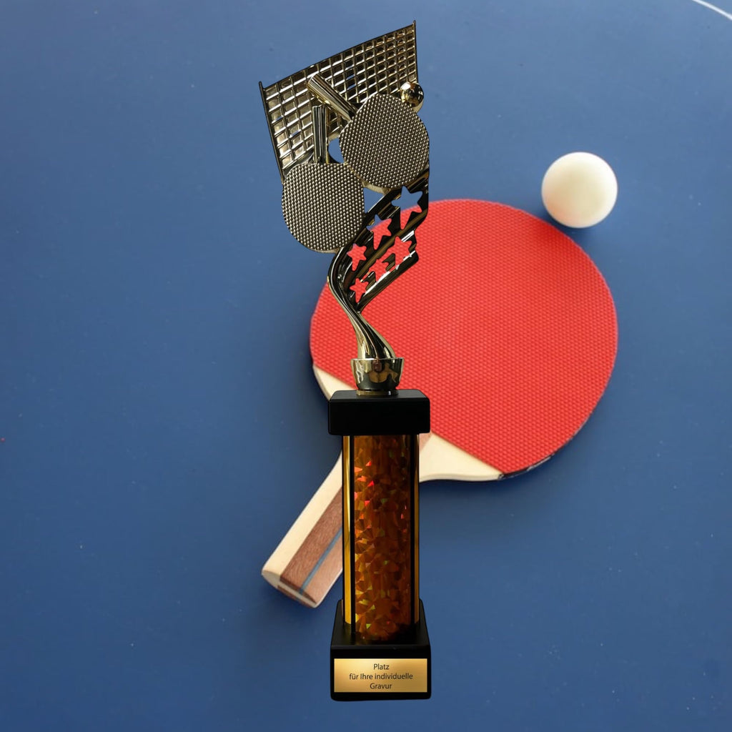 eberix · Tischtennis Pokal · mit Wunschgravur · Trophäe mit Schläger & Ball Motiv · Siegerpokal für Tischtennisturnier, Vereinsmeisterschaft, Hobbyliga · personalisierbar ·